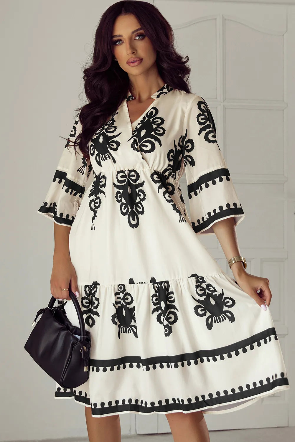White black embroidered 3/4 sleeve knee length cotton dress