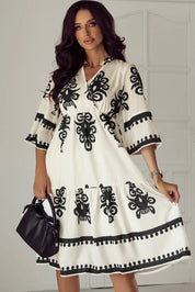 White black embroidered 3/4 sleeve knee length cotton dress