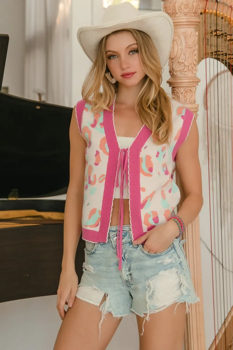 BiBi Leopard Sweater Vest With Front Tie and Scallop Detail Vests