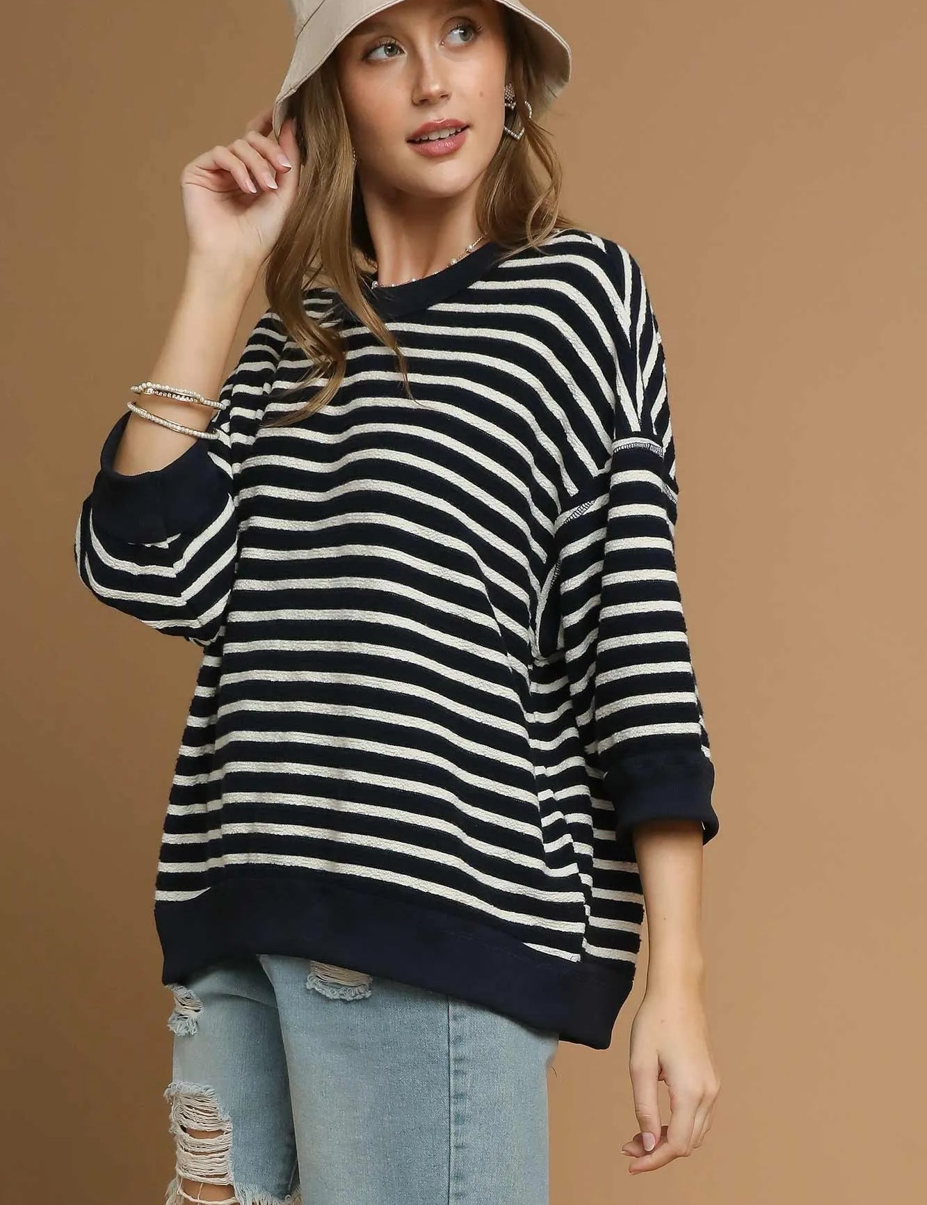 Navy L Umgee Ribbed Hem Striped Oversized Knit Top | Tops Daverri Fashions