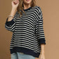 Umgee Ribbed Hem Striped Oversized Knit Top Navy