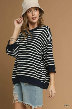 Umgee Ribbed Hem Striped Oversized Knit Top - DAVERRI FASHIONS