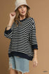Umgee Ribbed Hem Striped Oversized Knit Top Navy