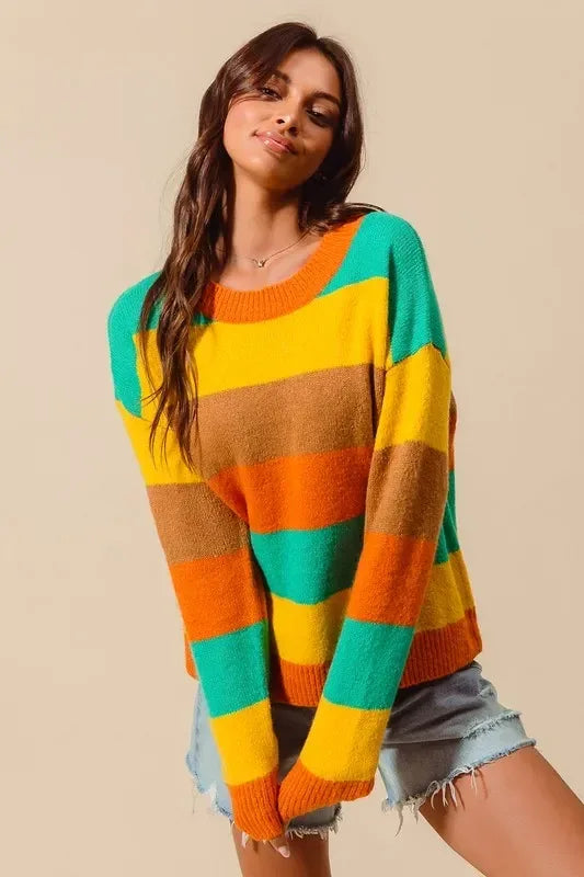 SO ME Multi Color Stripe Sweater with Ribbed Detail - DAVERRI FASHIONS