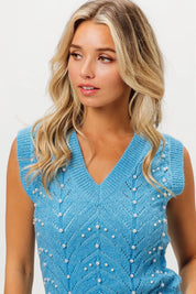 BiBi Blue Chevron Pointelle Pearl Knit Top | Tops Daverri Fashions