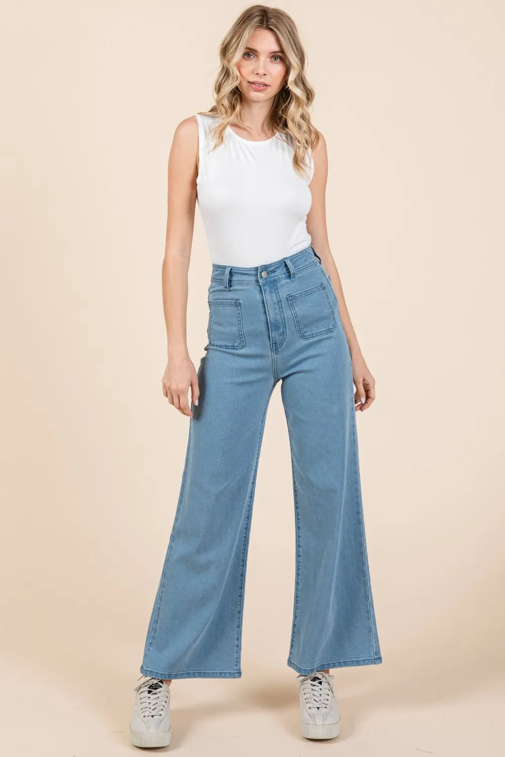 Mittoshop high-waist wide-leg light-wash denim jeans size L