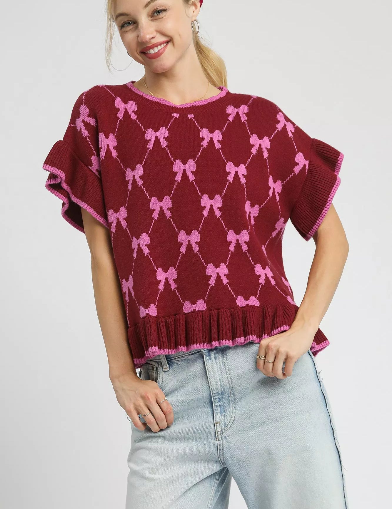 Burgundy Umgee Bow Knit Ruffle Sleeve Sweater | Sweaters Daverri Fashions