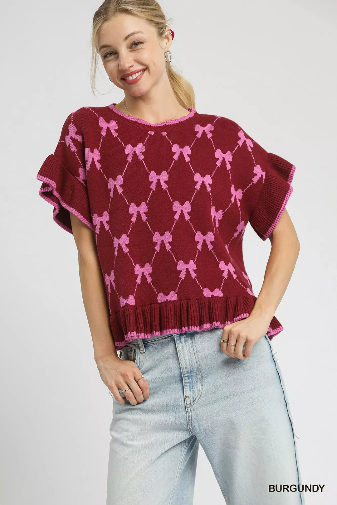 Burgundy Umgee Bow Knit Ruffle Sleeve Sweater | Sweaters Daverri Fashions