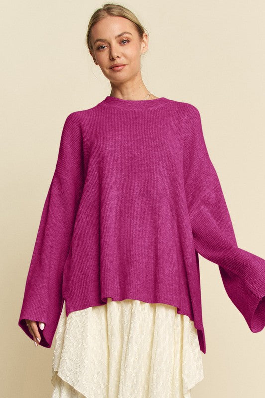 Davi & Dani High-Low Round Neck Drop Shoulder Sweater Deep Purple Sweaters