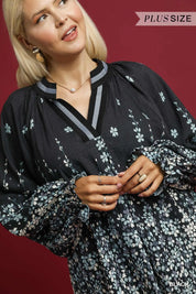 Umgee Floral Vine Print Blouse with Balloon Sleeves Plus Size Black | Blouses Daverri Fashions