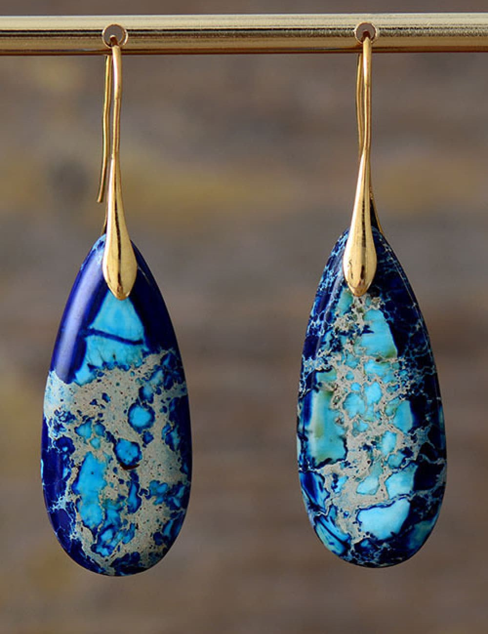 Blue Gold One Size Handmade Teardrop Shape Natural Stone Dangle Earrings | Earrings Daverri Fashions