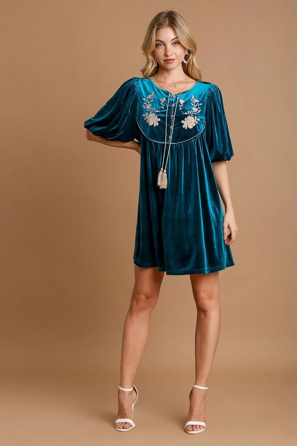 Umgee Embroidered Half Sleeve Velvet Mini Dress with Tassel Mini Dresses