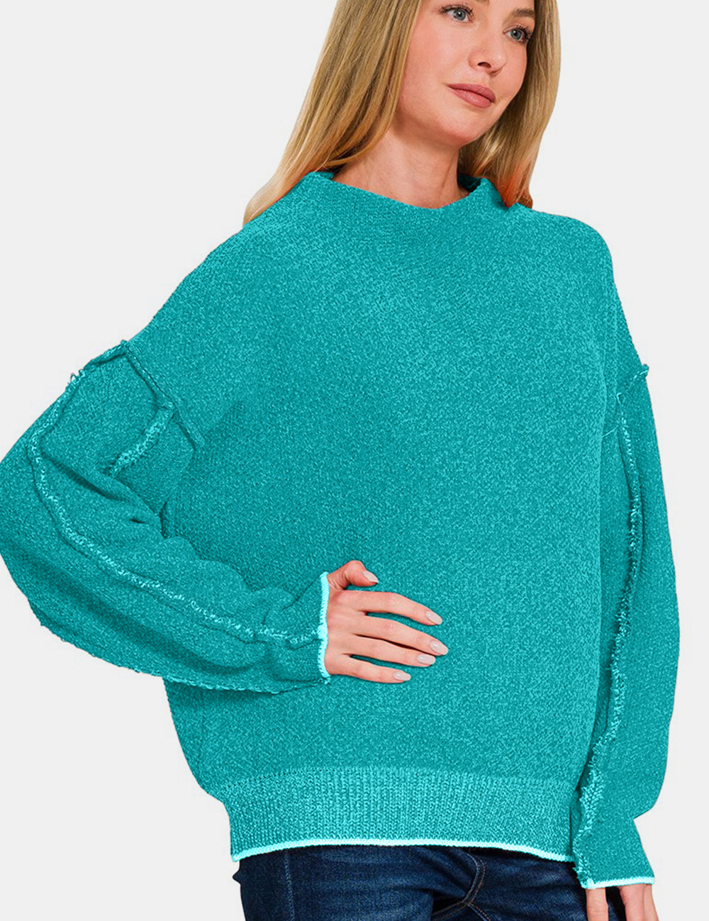 Exposed Seam Long Sleeve Teal Mock Sweater Tops