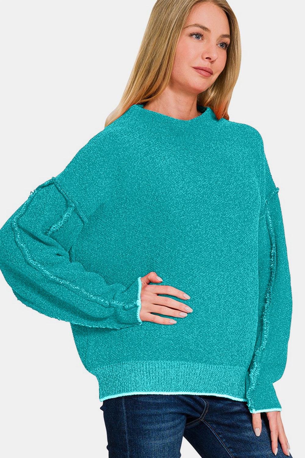 Exposed Seam Long Sleeve Teal Mock Sweater Sweaters