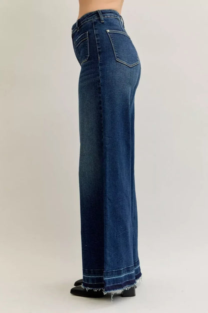Judy Blue High Waist Palazzo Jeans with Front Patch Pockets - DAVERRI FASHIONS