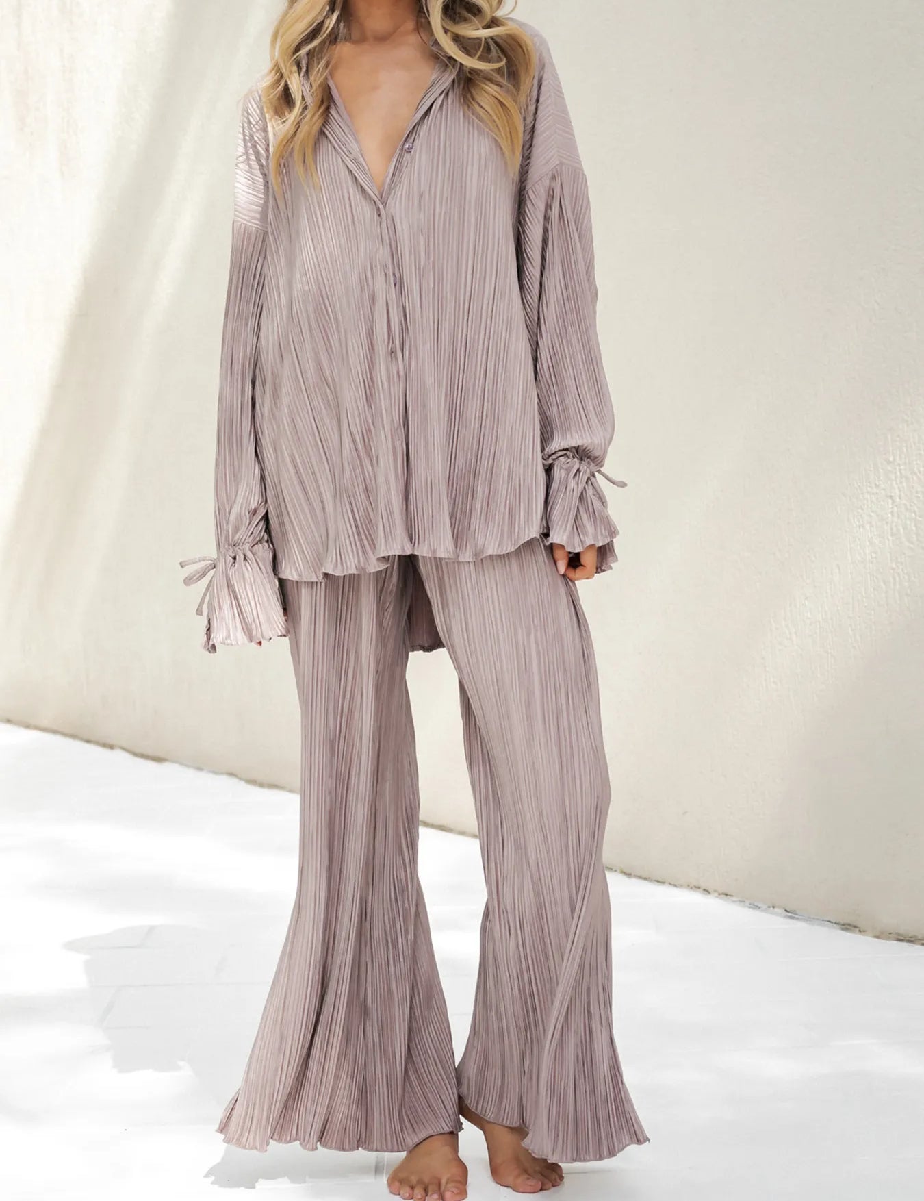 Purple Gray Button Up Long Sleeve Top and Pants Set | Outfit Sets Daverri Fashions