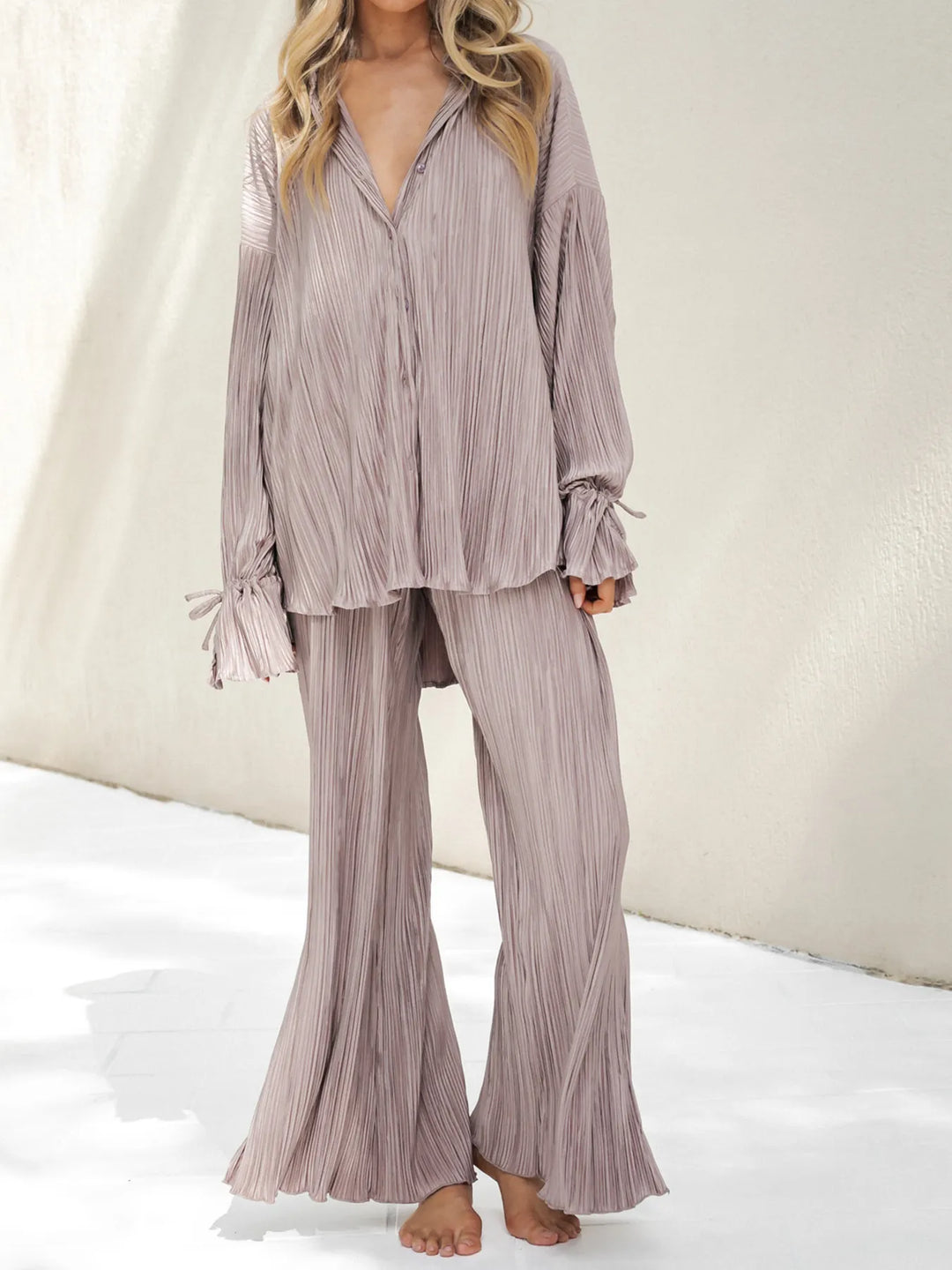 Purple Gray Button Up Long Sleeve Top and Pants Set | Outfit Sets Daverri Fashions