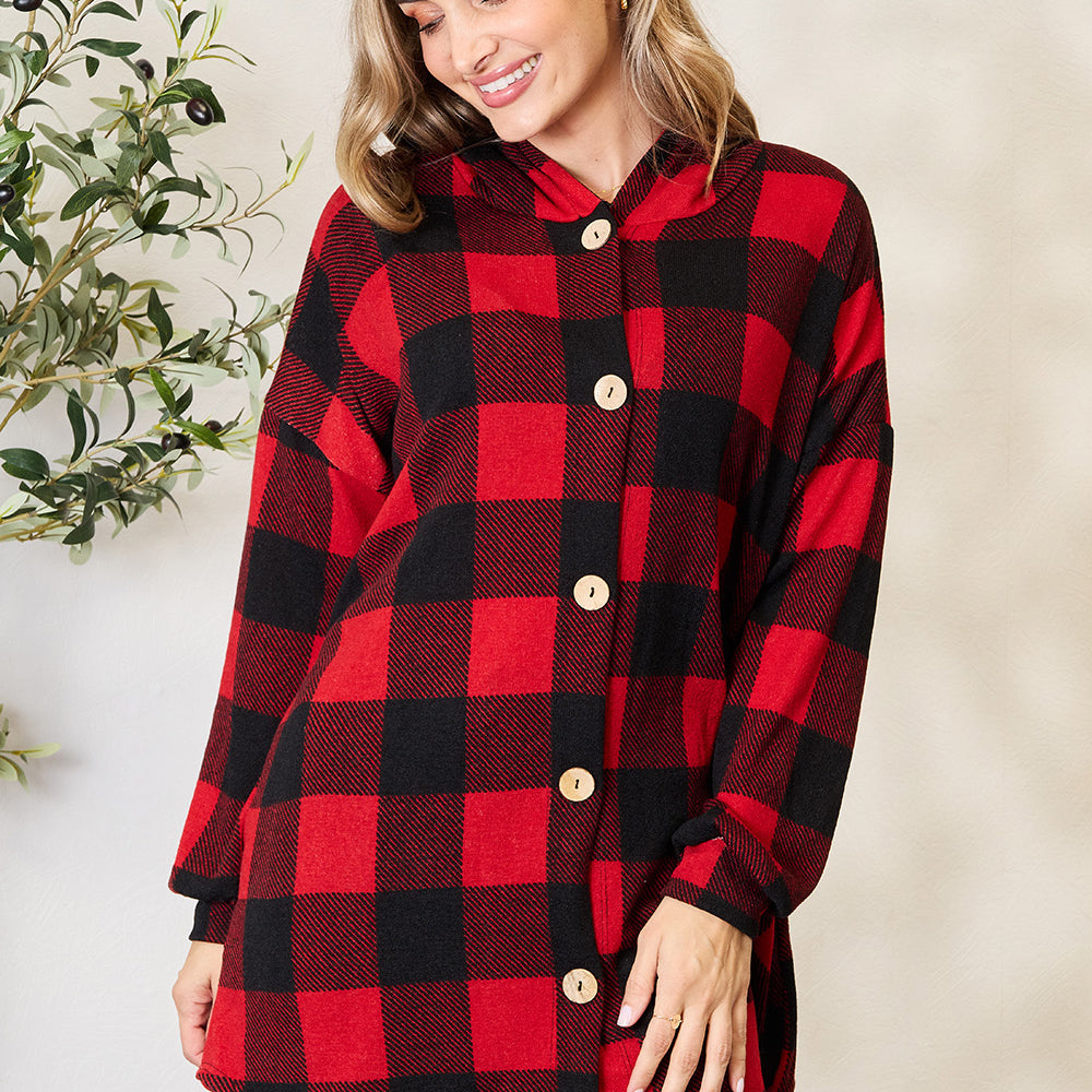 Plaid Button Front Hooded Shirt Black Red Clearance