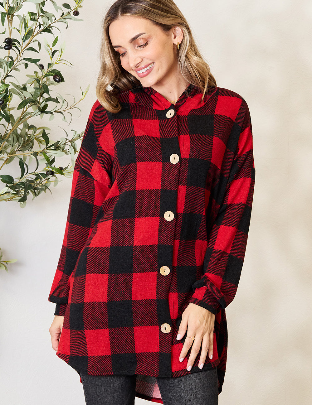 Plaid Button Front Hooded Shirt Black Red Clearance