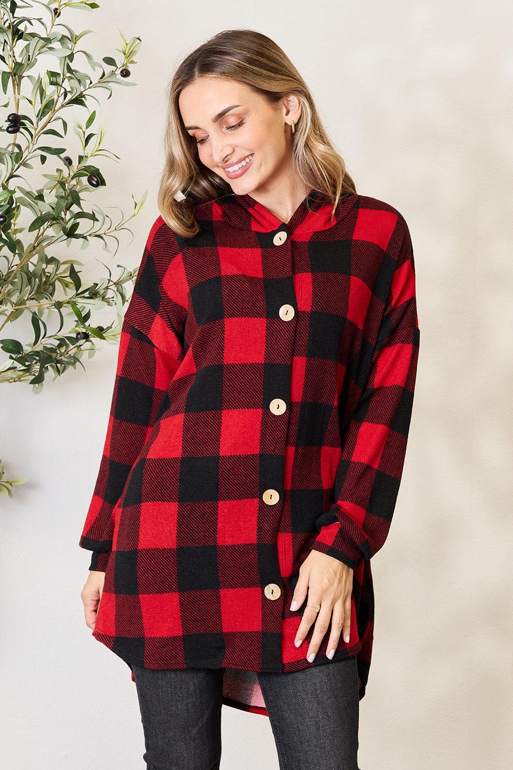 Plaid Button Front Hooded Shirt Black Red S Clearance