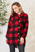 Plaid Button Front Hooded Shirt Black Red S Clearance