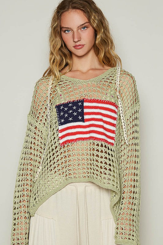 POL US Flag Hollow Out Long Sleeve Knit Cover Up Sage