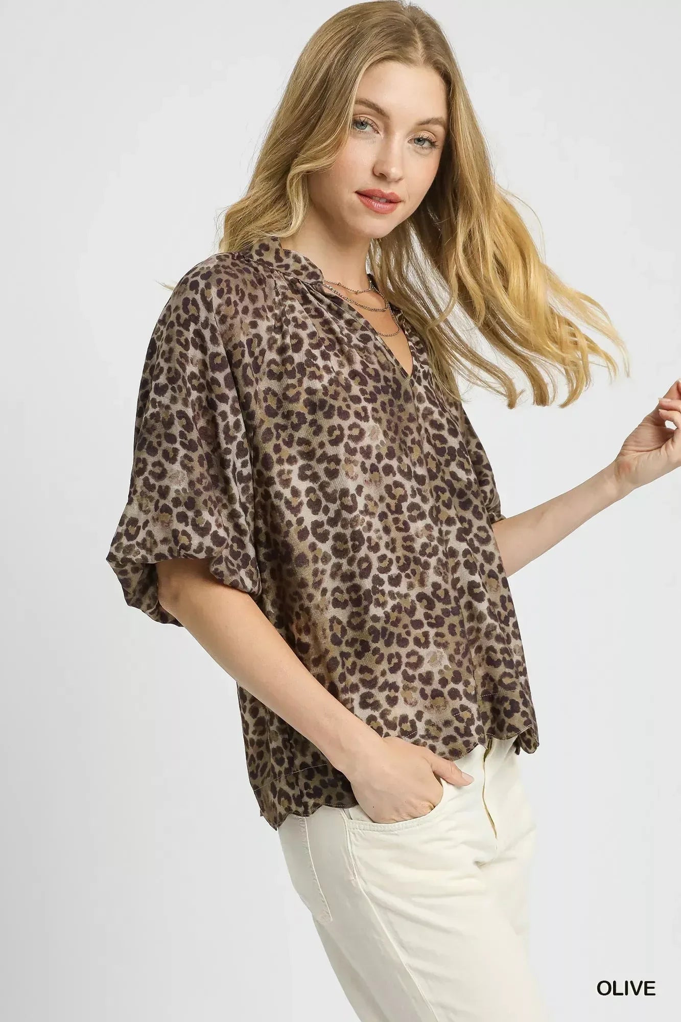 Umgee Leopard Bubble Sleeve Scalloped Hem Blouse - DAVERRI FASHIONS