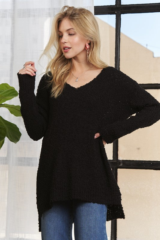 ADORA High-Low Side Slit V-Neck Sweater Tops