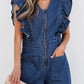 Denim Ruffled Zipped Front Belted Romper - DAVERRI FASHIONS