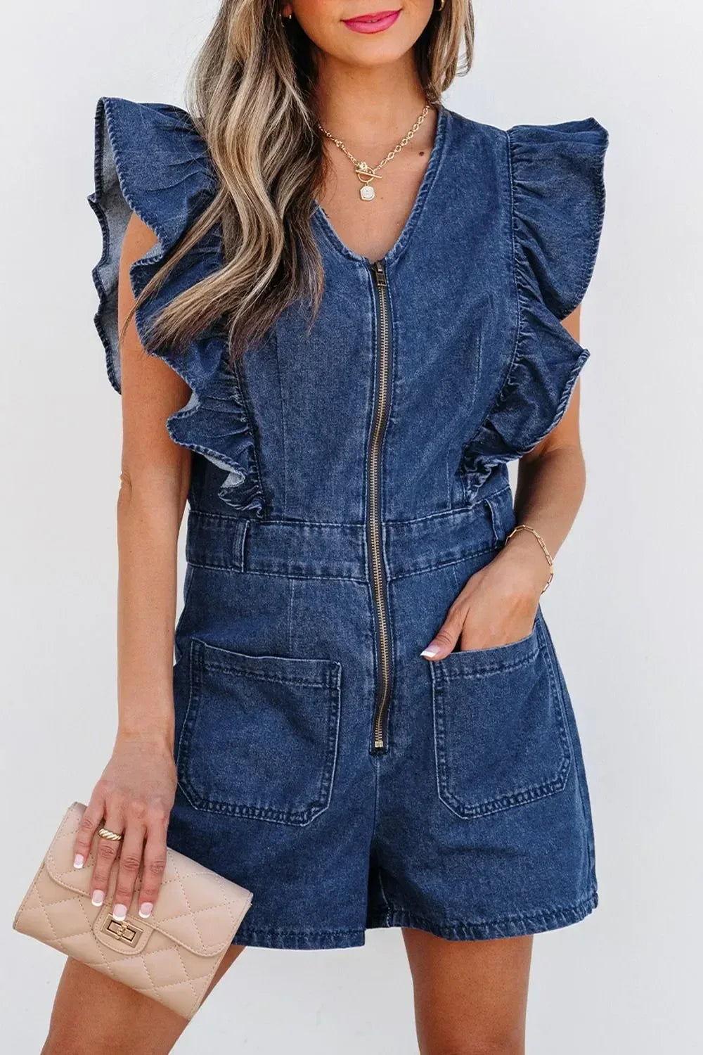 Denim Ruffled Zipped Front Belted Romper - DAVERRI FASHIONS