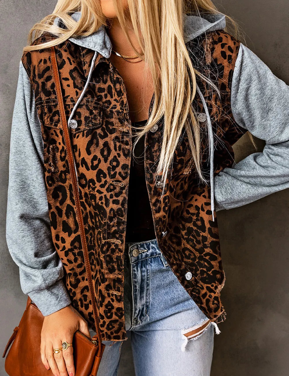 Leopard Leopard Distressed Drawstring Hooded Denim Jacket | Denim Jackets Daverri Fashions