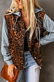 Leopard Leopard Distressed Drawstring Hooded Denim Jacket | Denim Jackets Daverri Fashions