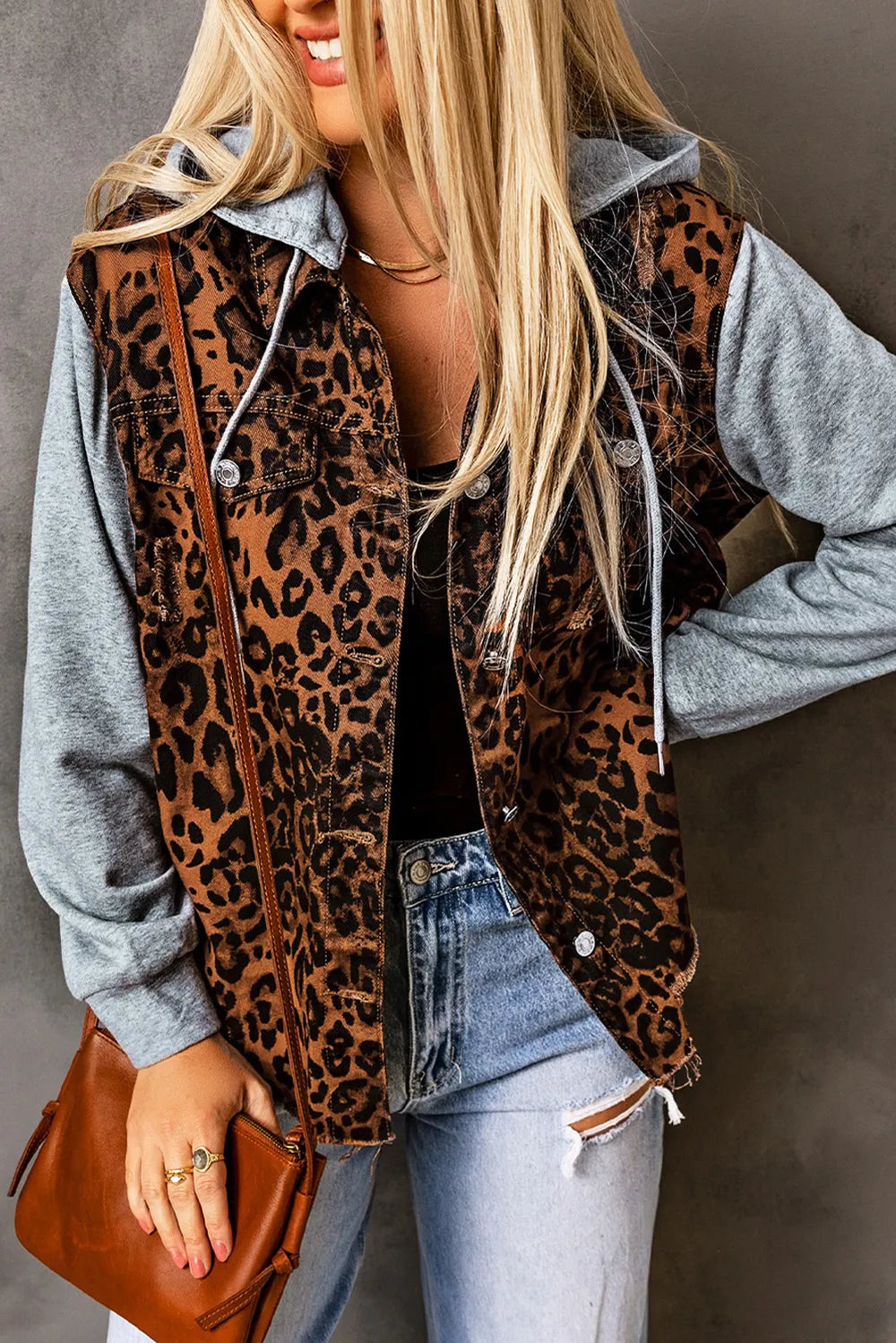 Leopard Leopard Distressed Drawstring Hooded Denim Jacket | Denim Jackets Daverri Fashions