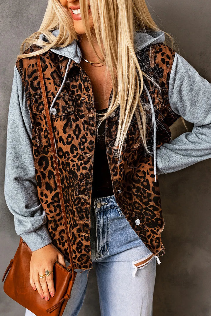Leopard Leopard Distressed Drawstring Hooded Denim Jacket | Denim Jackets Daverri Fashions