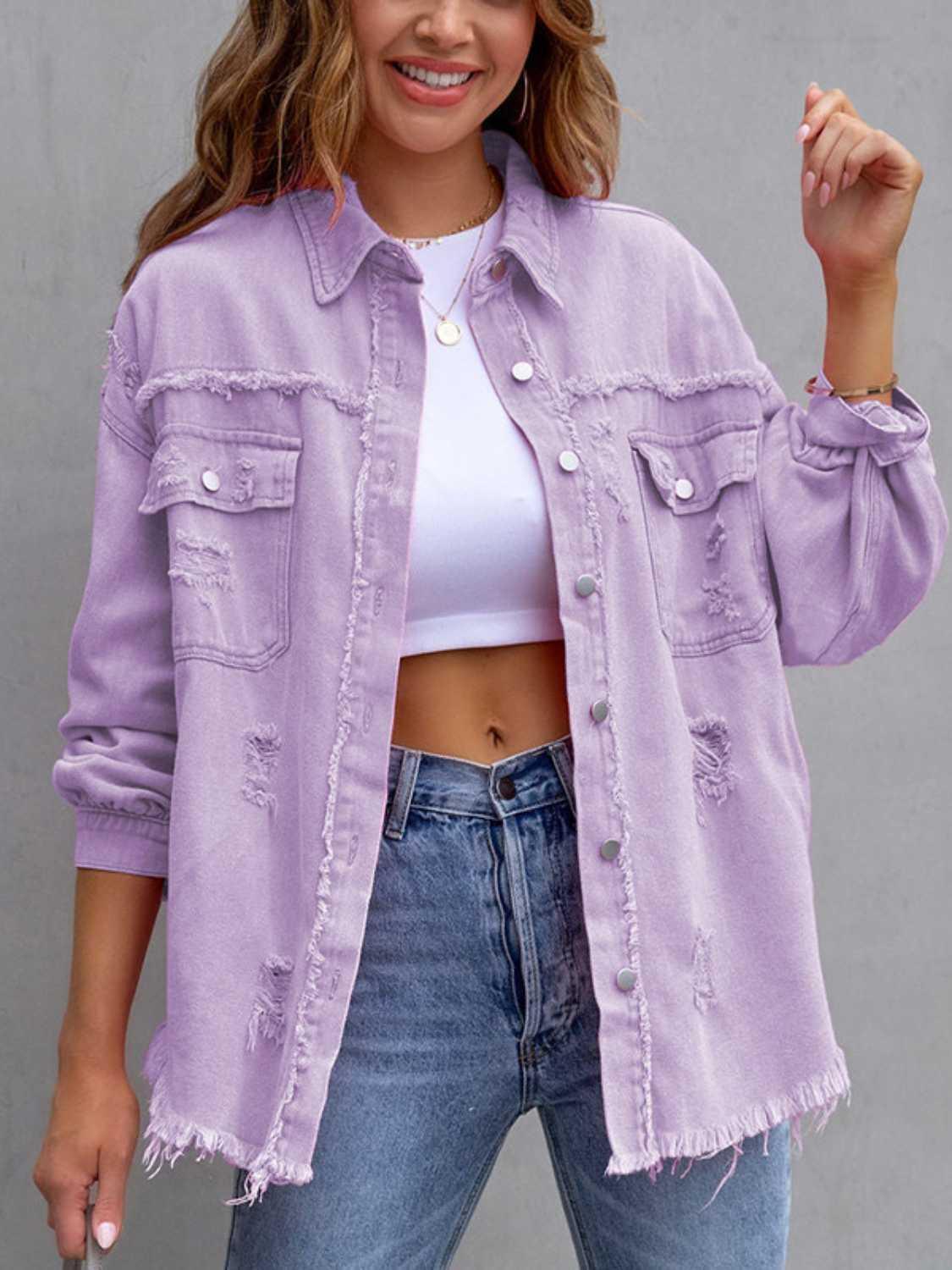 Distressed Drop Shoulder Denim Jacket - DAVERRI FASHIONS