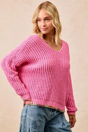 BiBi V-Neck Sweater with Colorful Trim | Daverri Fashions