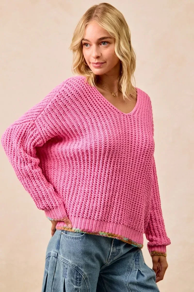 BiBi V-Neck Sweater with Colorful Trim - DAVERRI FASHIONS