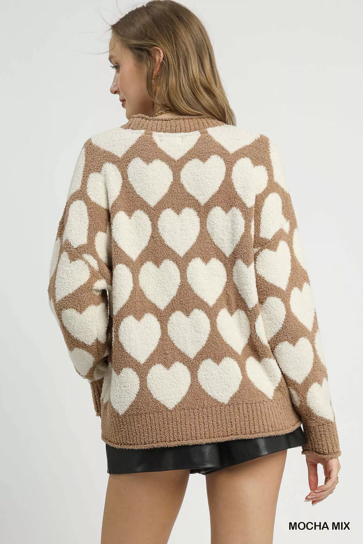 Umgee Mix Heart Pattern Pearl Accent Sweater | Sweaters Daverri Fashions