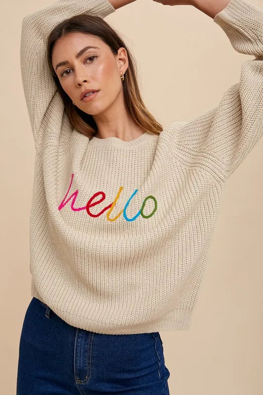 Annie Wear HELLO Embroidered Raglan Sleeve Sweater Oatmeal XL Sweaters