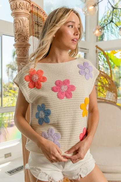 BiBi Multi Jeweled Crochet Flower Patch Sweater Vest - DAVERRI FASHIONS