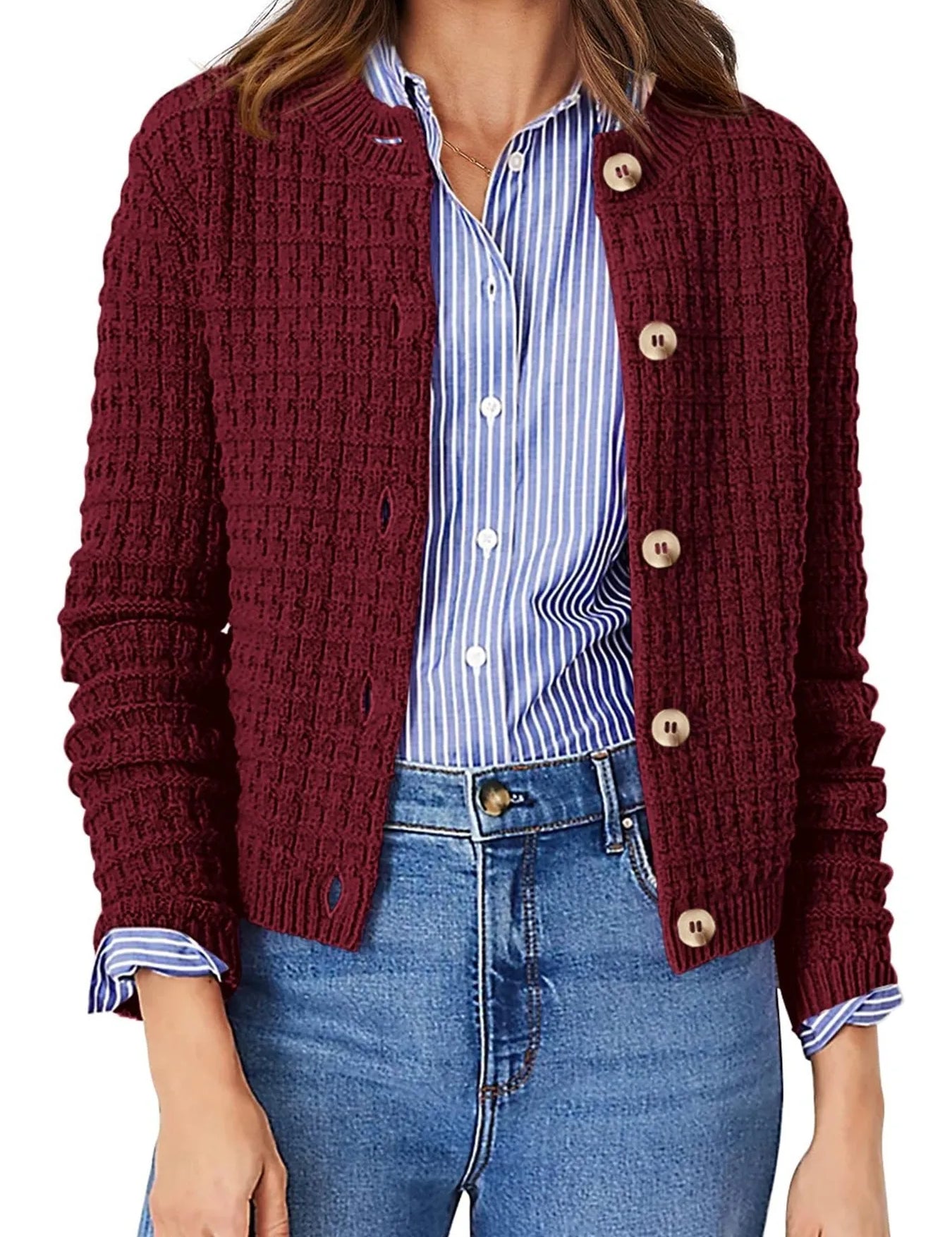 Burgundy Textured Knit Button-Front Cardigan | Cardigans Daverri Fashions