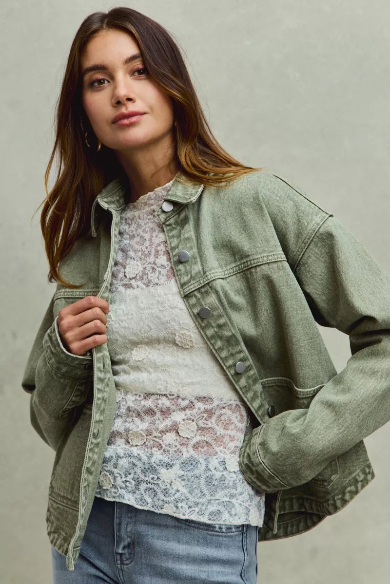 Vintage washed olive green denim shacket with button closures