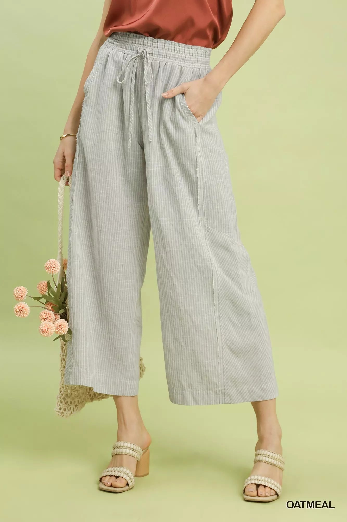 Umgee linen blend striped wide-leg culottes in light gray and white