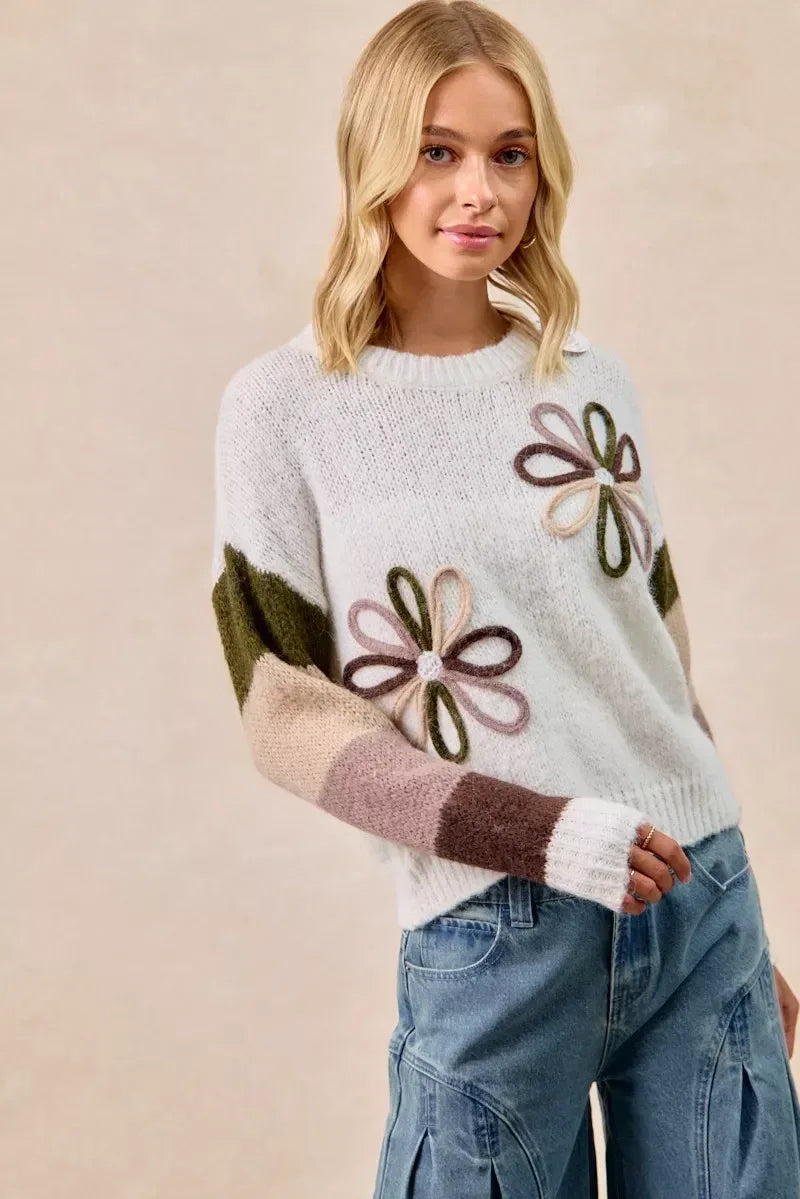 BiBi Flower Color Block Sweater - DAVERRI FASHIONS
