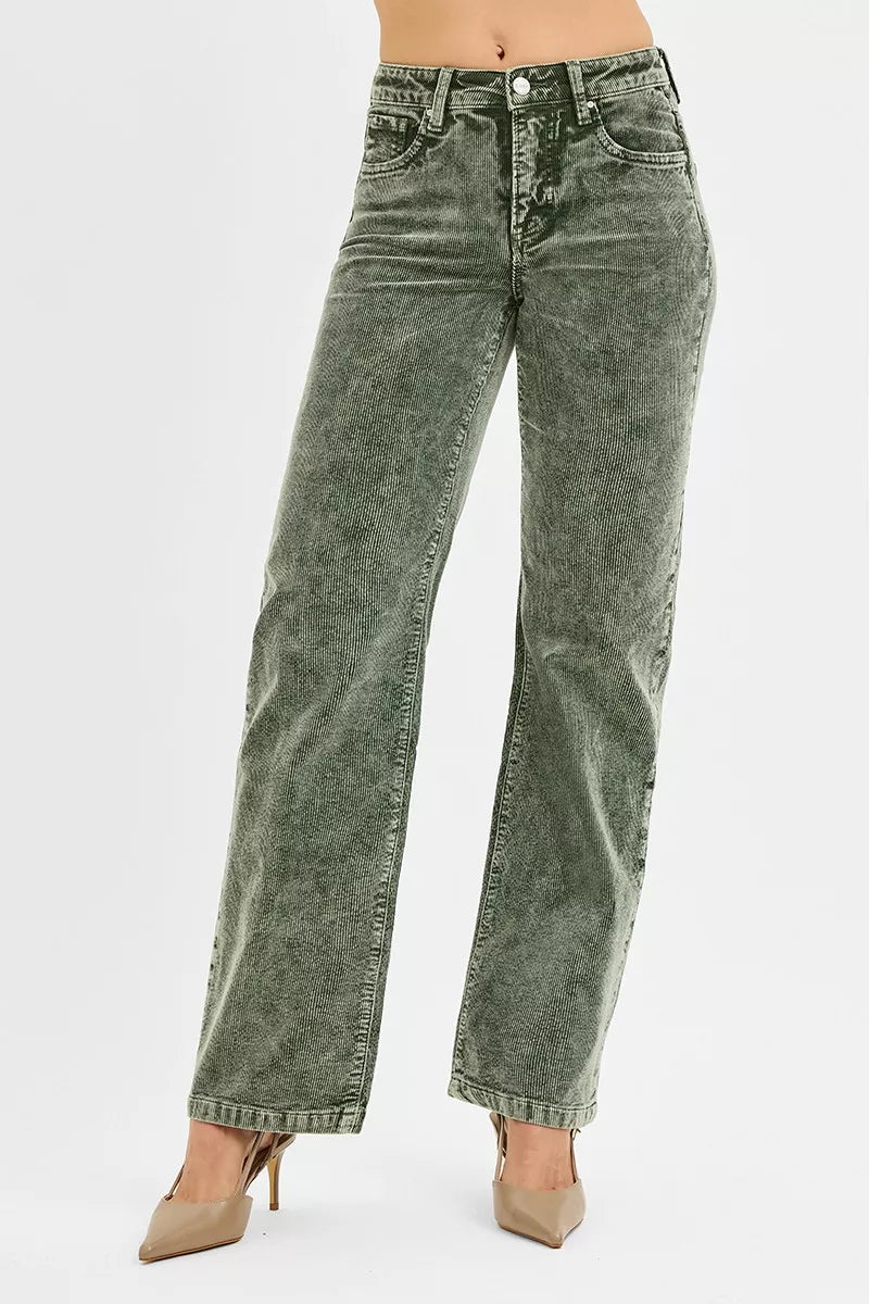 RISEN Tummy Control Mid Rise Straight Leg Corduroy Pants | Daverri Fashions