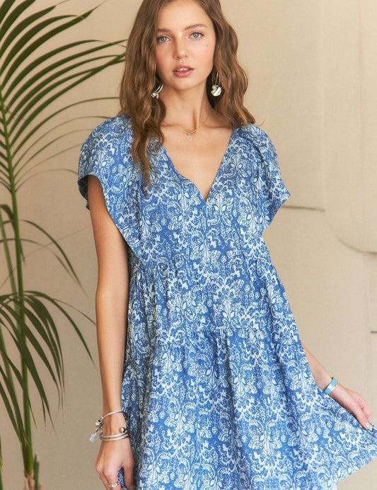 ADORA Printed V-Neck Ruffle Sleeve Mini Dress