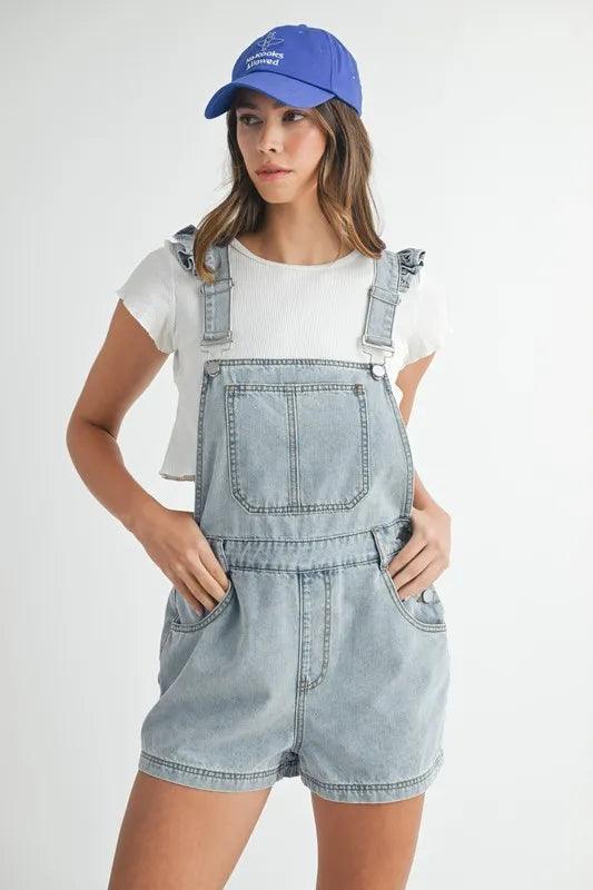 MABLE Square Neck Ruffle Shoulder Denim Overall Romper Shortalls