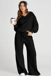 V-Neck Long Sleeve Top and Pants Active Set | Daverri Fashions