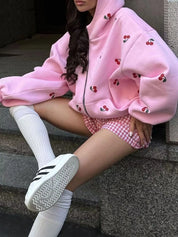 Cherry Print Oversized Zip-Up Hoodie | Hoodies Daverri Fashions