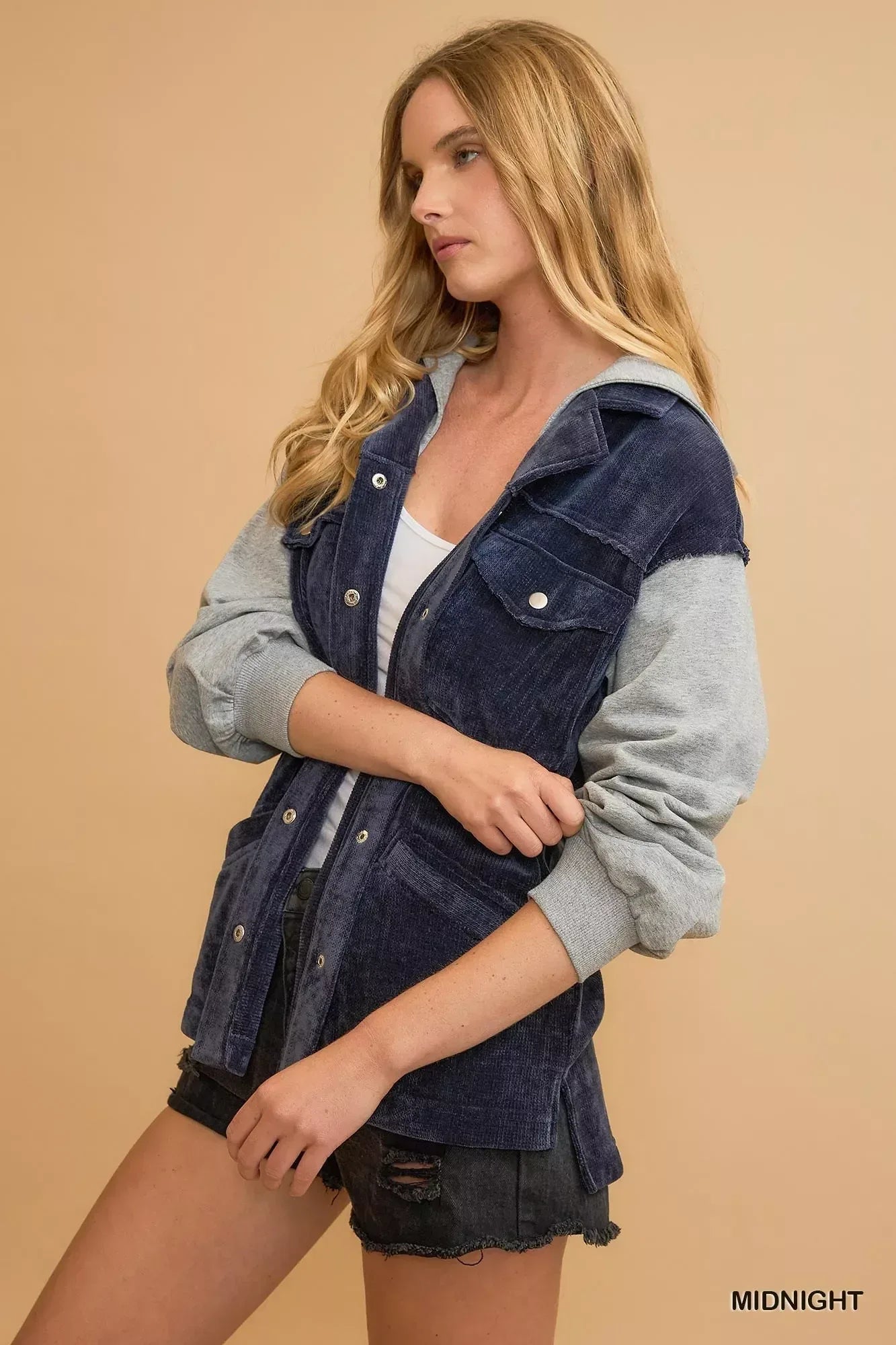 Umgee Contrast Hooded Chenille Jacket Midnight - DAVERRI FASHIONS